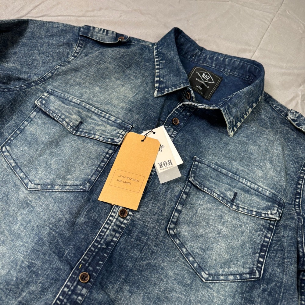 ROK Premium Quality Acid Wash Denim Shirt Vintage Cloud Blue Large RKZ00381 NWT